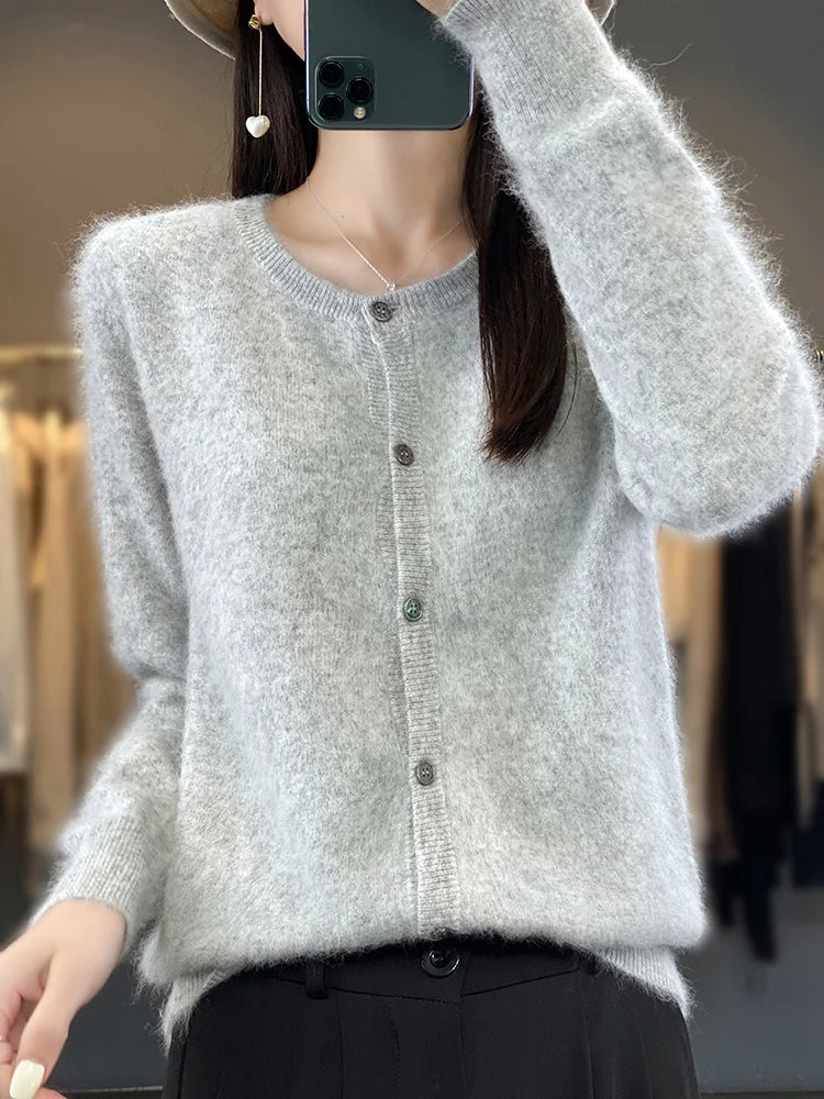 Women Cardigan Super Warm Pure Mink Cashmere Sweaters O-neck Loose Female Clothes Ladies' Solid Color Knitwear Tops Aiertu