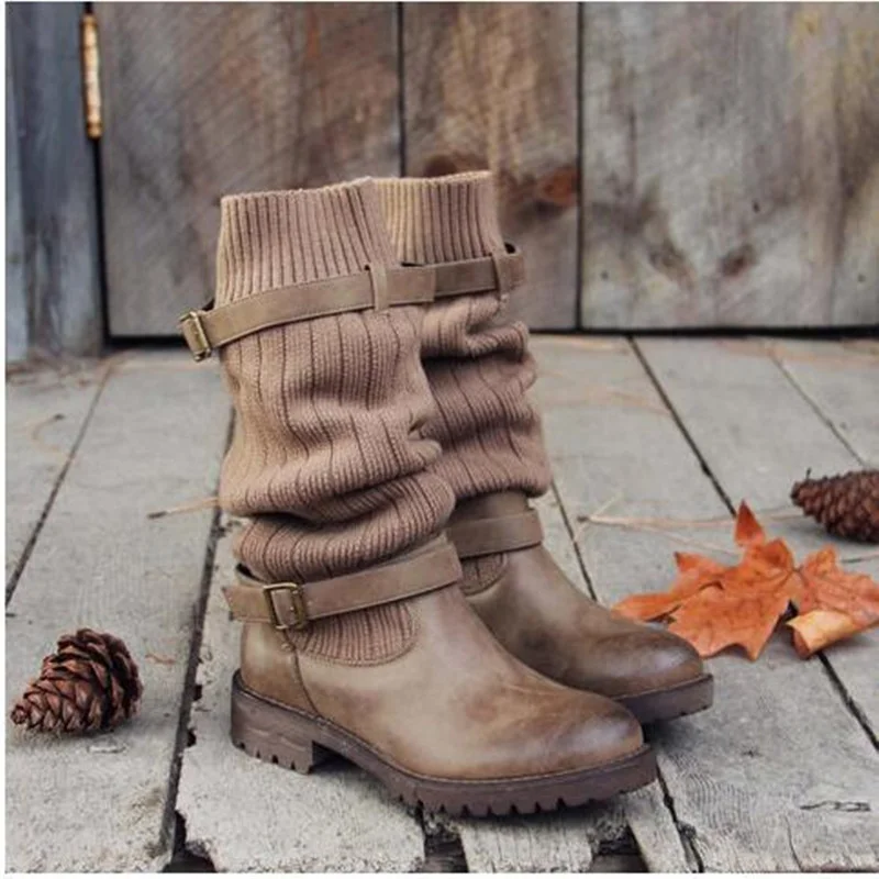  Knitted mid-tube plus size women's leather boots