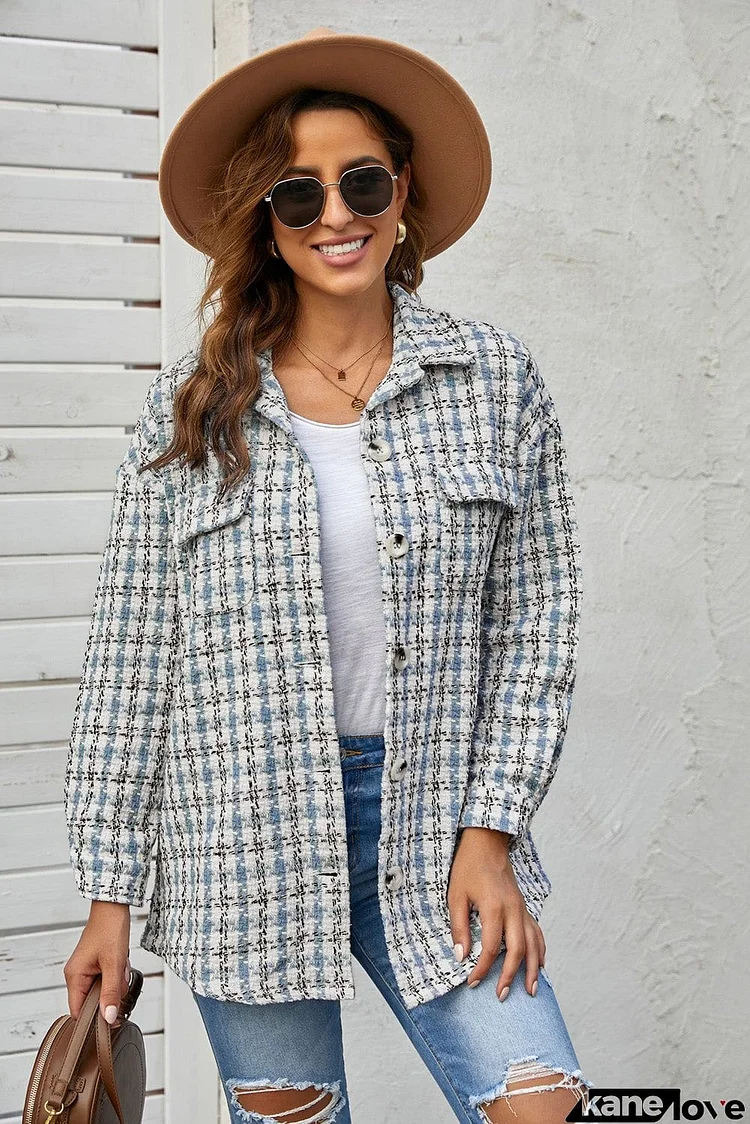 Khaki Plaid Print Button Knitted Coat with Pocket