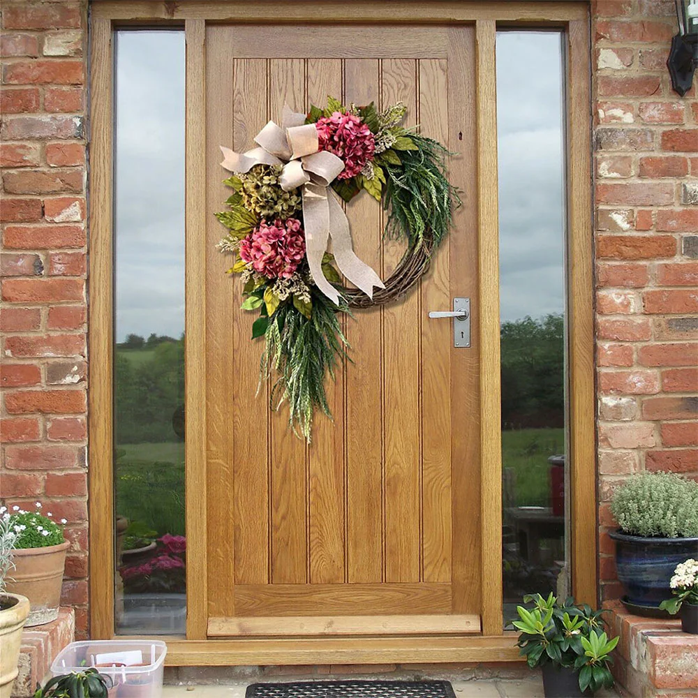 Double Hydrangea Wreath with Bamboo and Rattan  bow-knot
