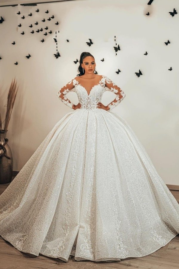 Fascinating Sweetheart Ball Gown Long Sleeves Wedding Dress Ruffles With Appliques Lace Sequins | Ballbellas Ballbellas