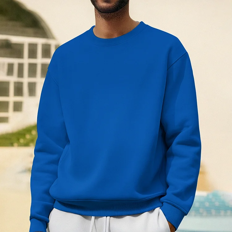 Solid Color Blue Men's Casual Printed Long Sleeved Round Neck Sweatshirt