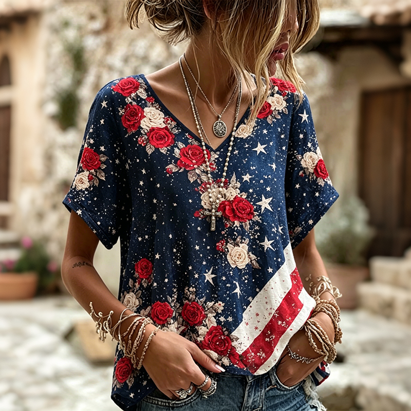  Women's Vintage Flags And Flowers Art Linen Blend Three-quarter Sleeve V Neck Linen Tops Westsshops