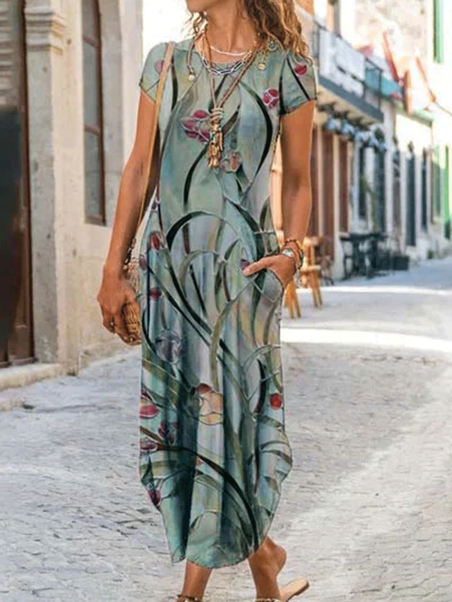 Flower Print Round Neck Short Sleeve Dress