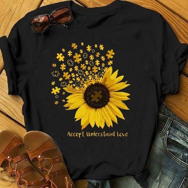 Casual Simple Sunflower Print Short Sleeve T-Shirt