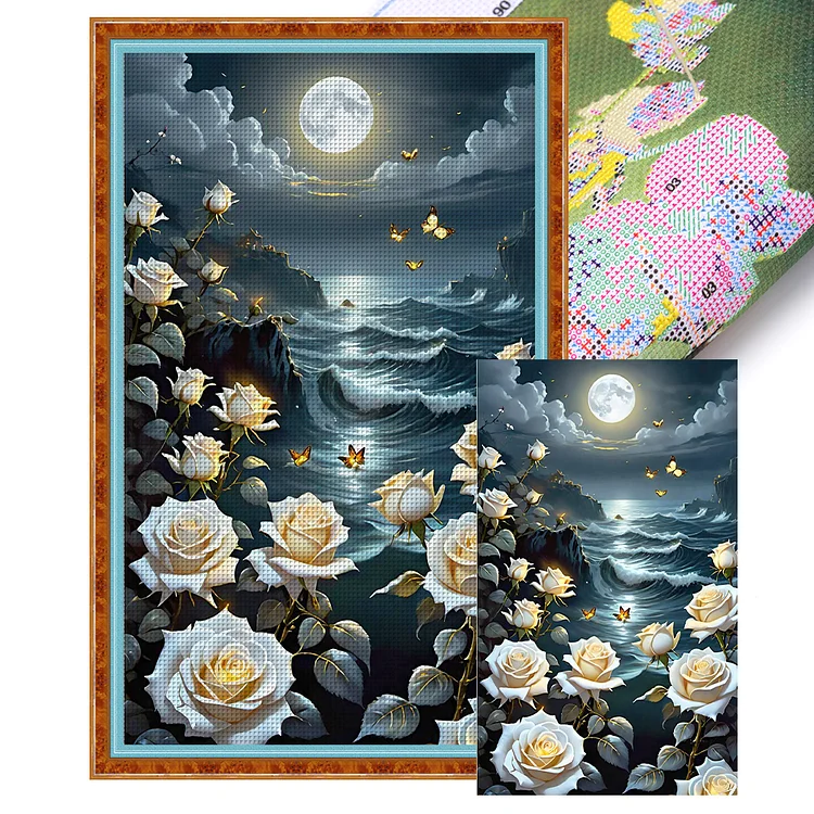 White Roses Under The Moon (40*65cm) 11CT Stamped Cross Stitch gbfke