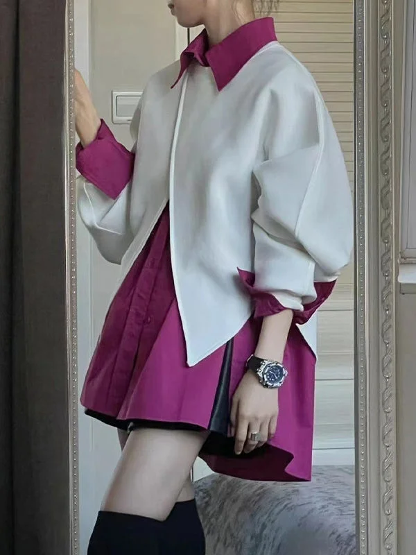 Long Sleeves Roomy Contrast Color Split-Front Lapel Shirts&Sweatshirt Tops Suits