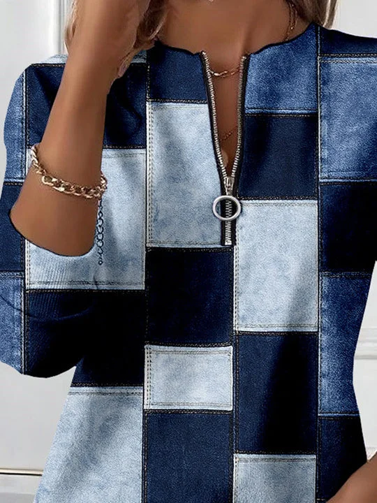 Women Long Sleeve Scoop Neck Plaid Colorblock Printed Graphic Zipper Tops