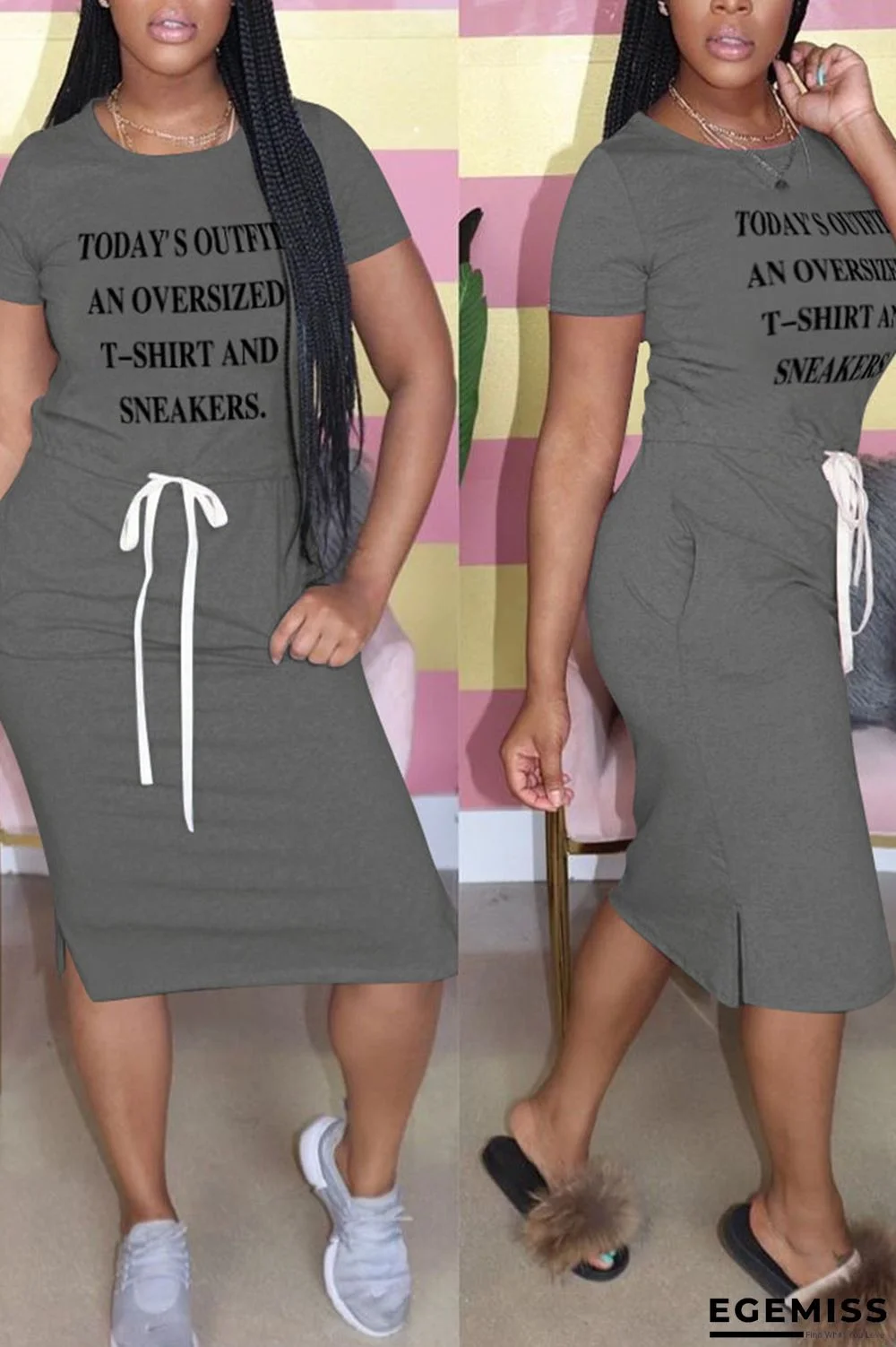 Dark Gray Casual Print Patchwork O Neck Straight Dresses | EGEMISS