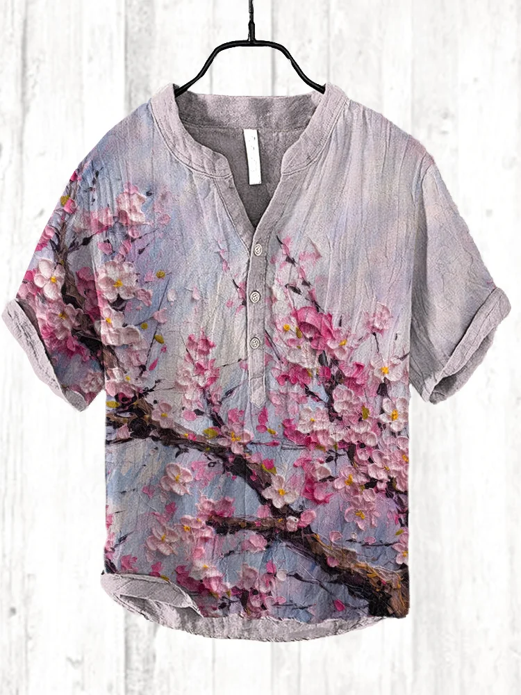Japanese Cherry Blossoms Oil Painting Print Cozy Cotton Linen Shirt
