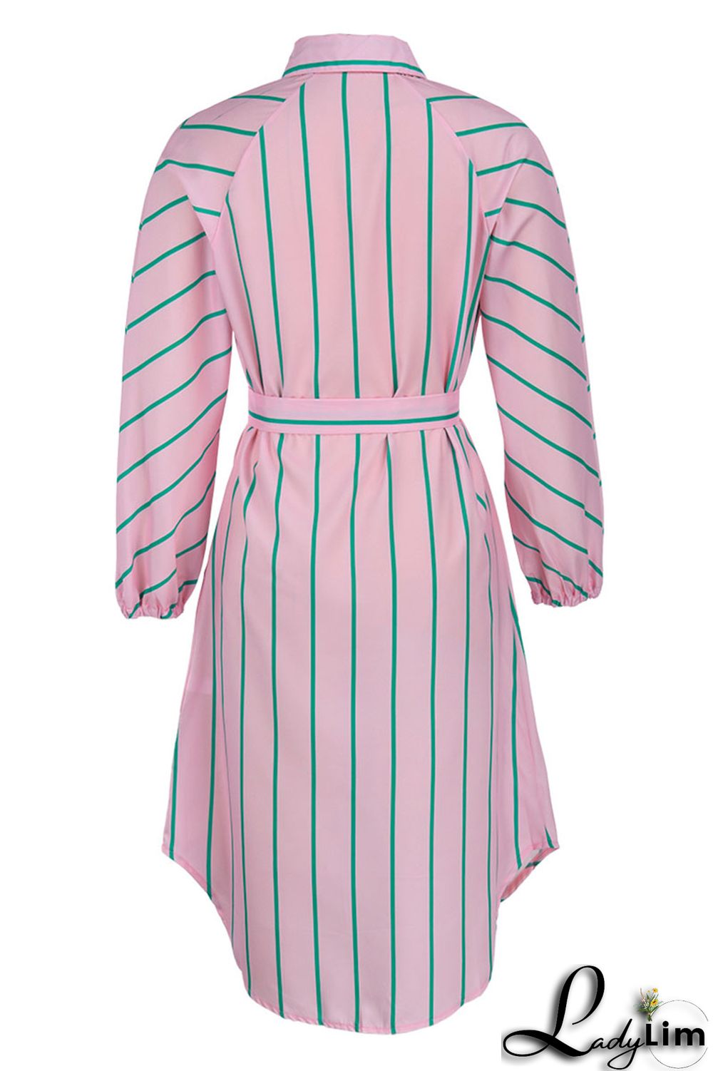 Pink Fashion Striped Print With Belt Turndown Collar Shirt Dress