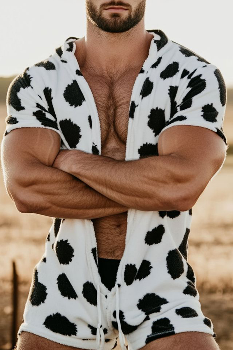 Men's Cow Pattern Print Velvet Short Sleeve Slim Fit Romper