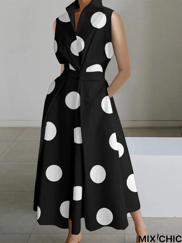 Sleeveless Polka Dot Lapel Midi Dresses