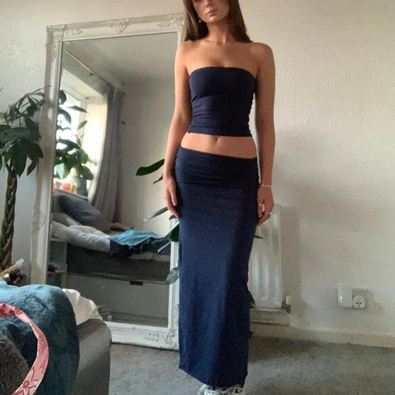 OLCooL Chic Women Chest Wrap Tube Tops + Low Rise Long Skirt Summer Strapless Camis Crop Tops Y2K Fairycore Vintage 2 Piece Set Outfits olcool