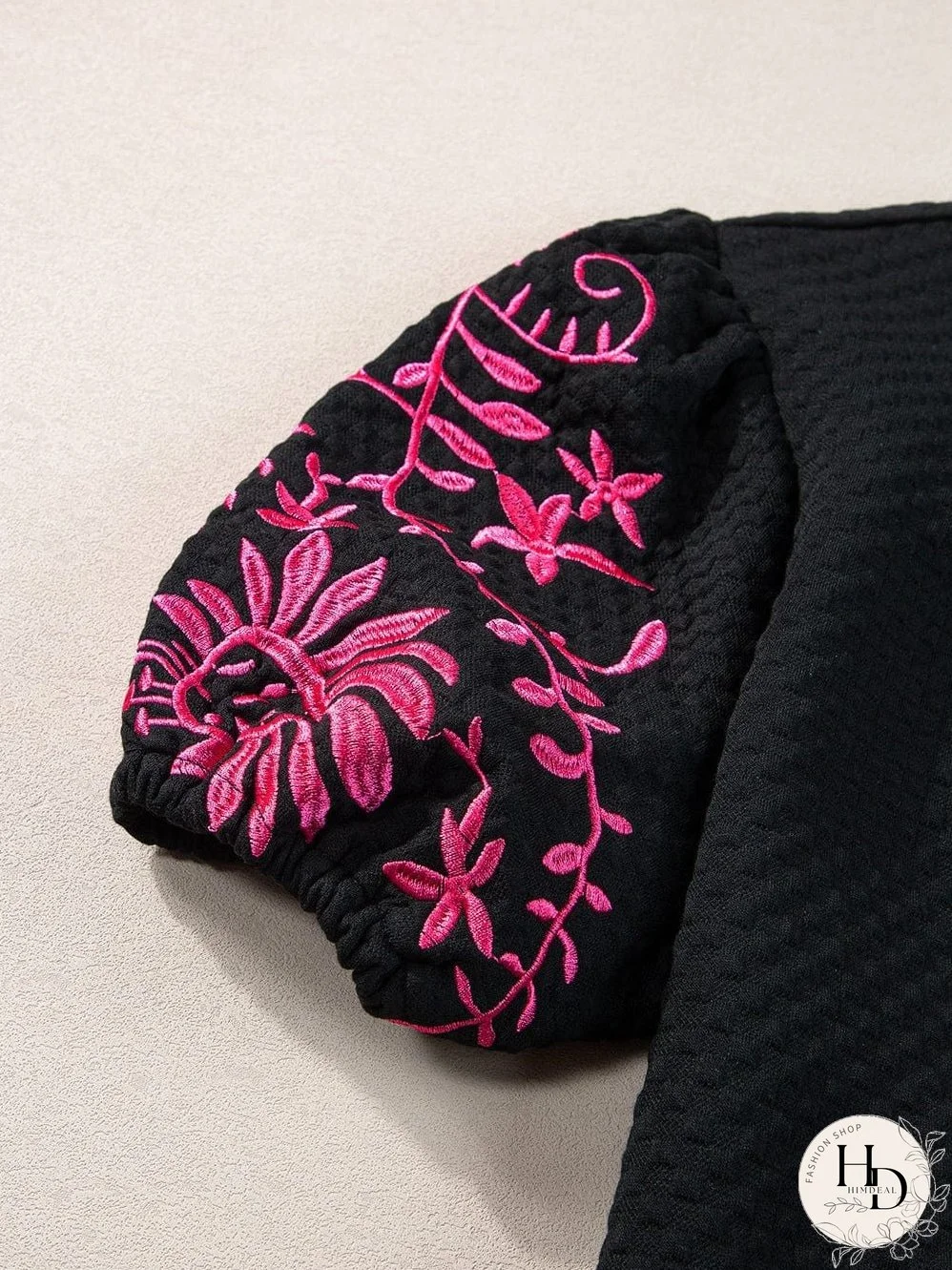 Summer Black Embroidered Puff Sleeve Top