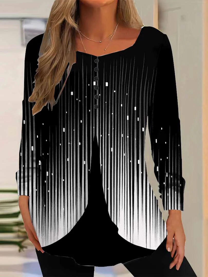 Women Striped,Black DZGG8326 Long Sleeve Scoop Neck Printed Graphic Button Fake 2in1 Tops