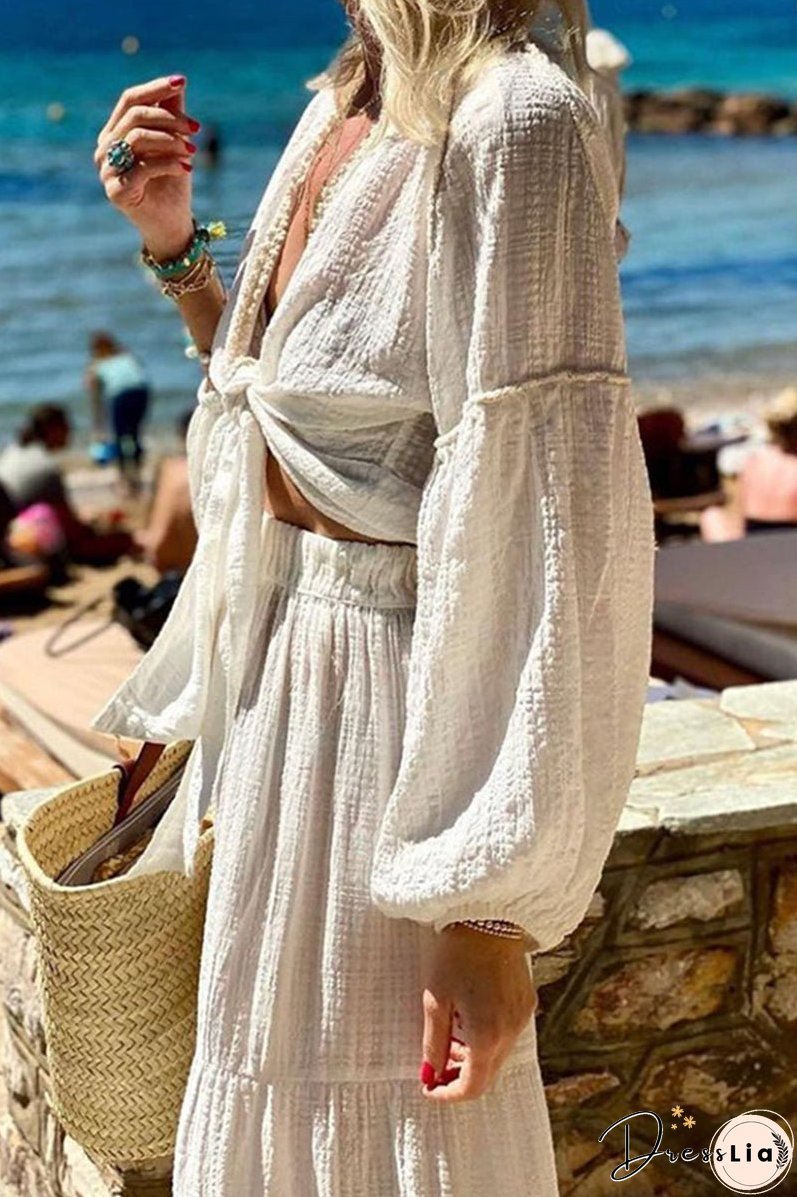 Elegant Vacation Solid Knotted V Neck Long Sleeve Two Pieces