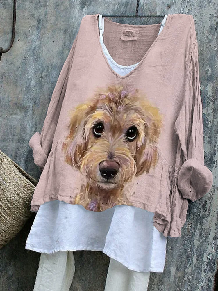 Lovely Fuzzy Dog Art Linen Blend Tunic