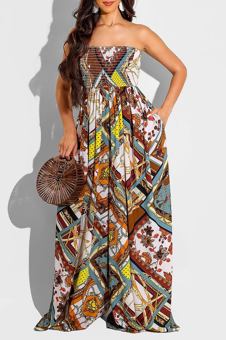 Graphic Print Boat Neck Strapless Pocket Wide Leg Casual Jumpsuit-Brown