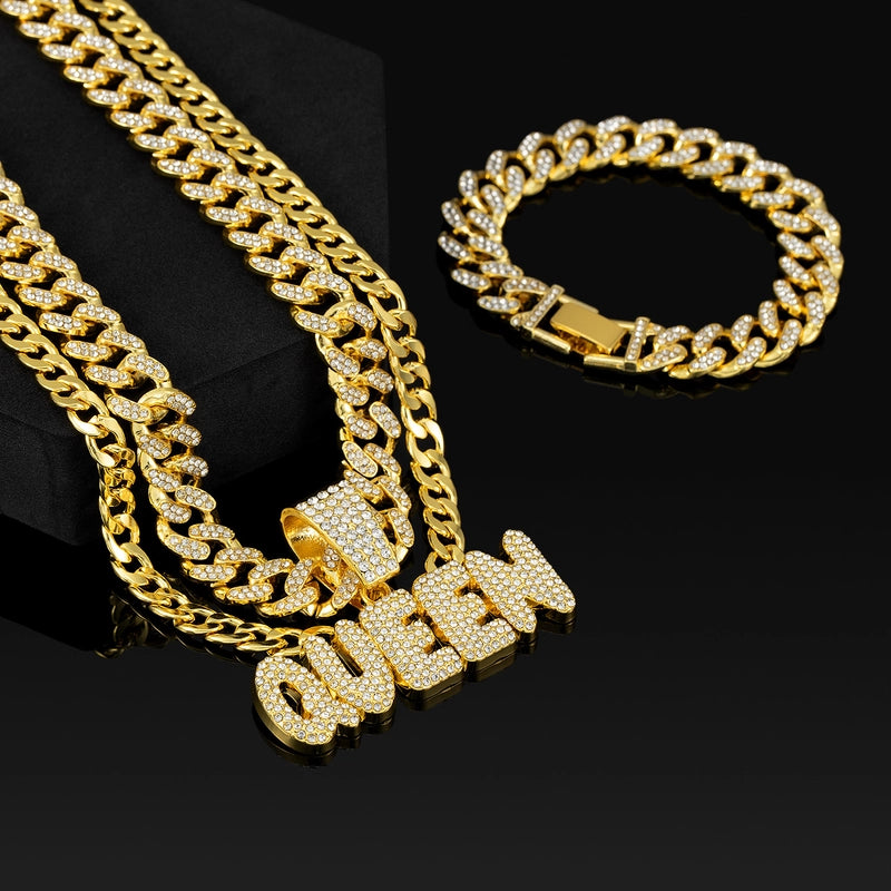 Style Jewelry Three-Piece Queen Pendant Alloy Full Diamond Cuban Link Chain Bracelet NK Chain