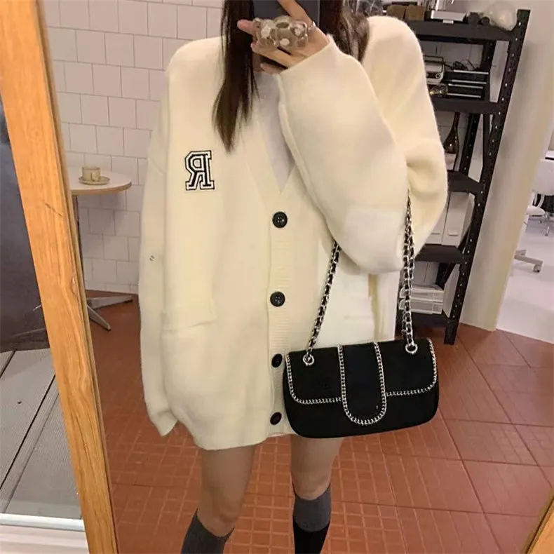 Churchf Churchf Wind Oversize Increase Thick Knit Letter Embroidered Sweater Coat Female Loose Autumn Winter Women's Clothing