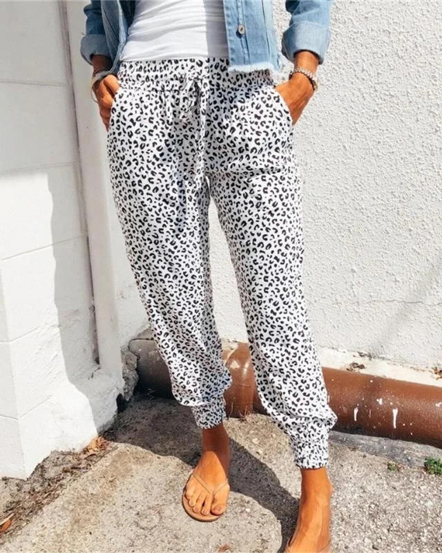Casual Leopard Print Lace-Up Chiffon Pants