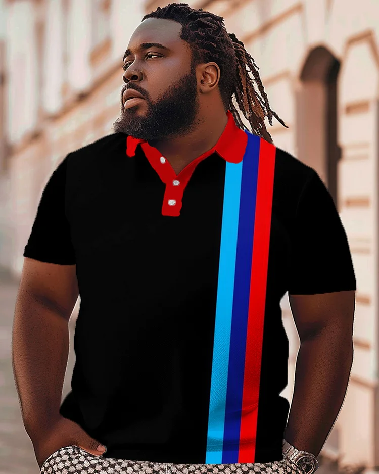 Colorful Striped Patterned Printed Black Oversized Men's Polo T-shirt