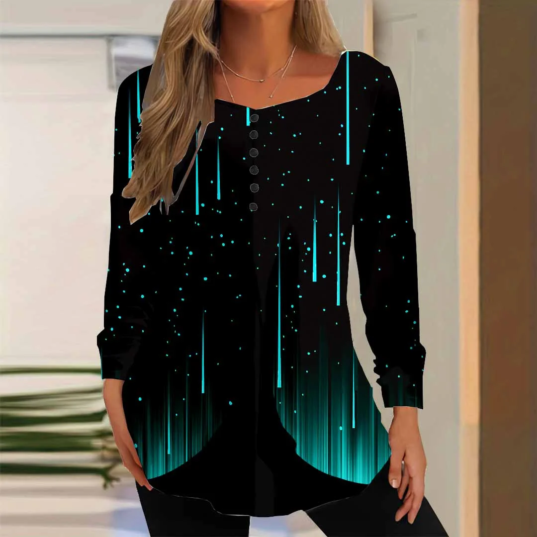 Women Striped,Green DZGG8354 Long Sleeve Scoop Neck Printed Graphic Button Fake 2in1 Tops