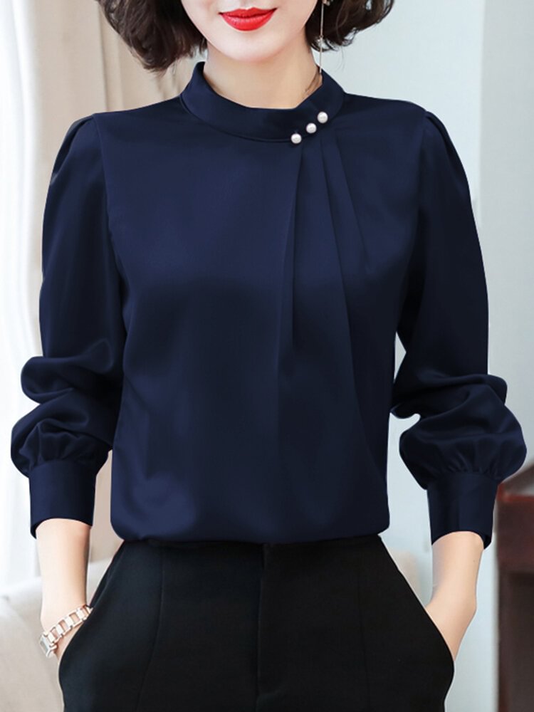 Solid Color Stand Collar Long Sleeve Blouse P1750595