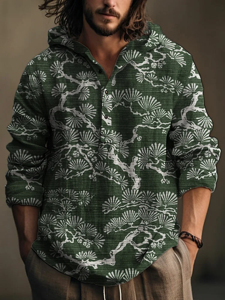 Pine Trees Japanese Lino Art Linen Blend Hooded Shirt