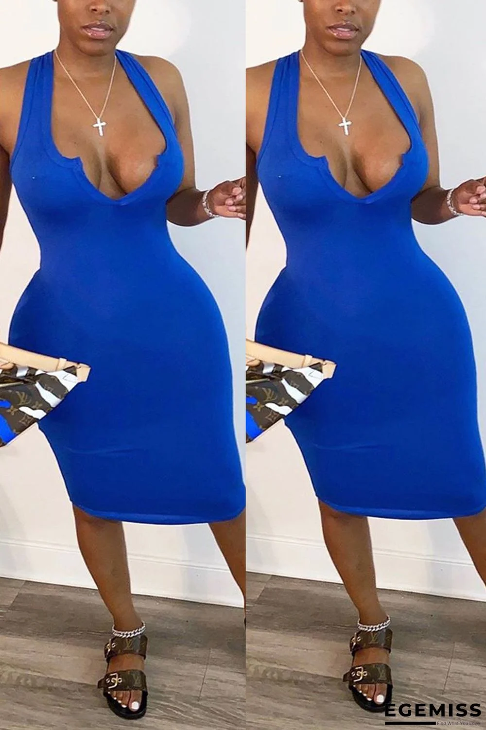 Blue Fashion Sexy White Blue Wine Red Off The Shoulder Sleeveless V Neck Pencil Dress Mid-Calf Solid Dresses | EGEMISS