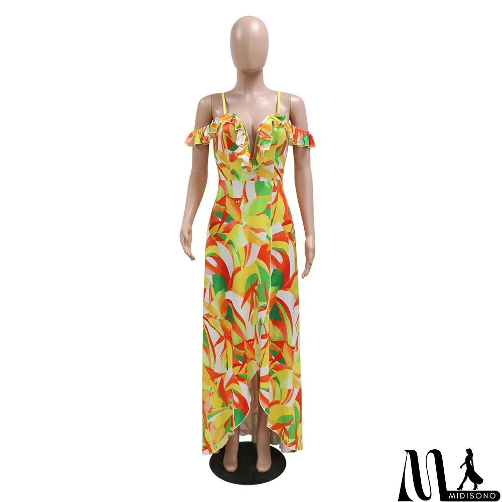 MidiSono - Sexy v-neck sling irregular print summer fashion dress