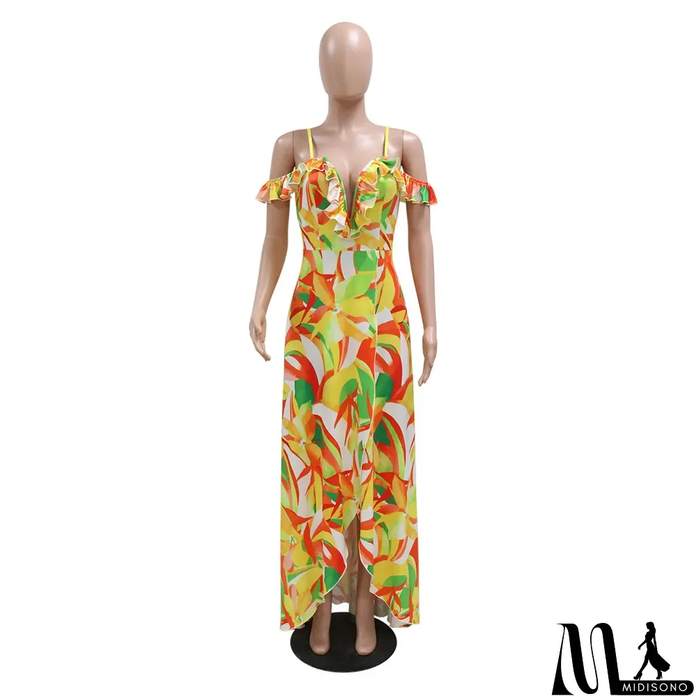 MidiSono - Sexy v-neck sling irregular print summer fashion dress