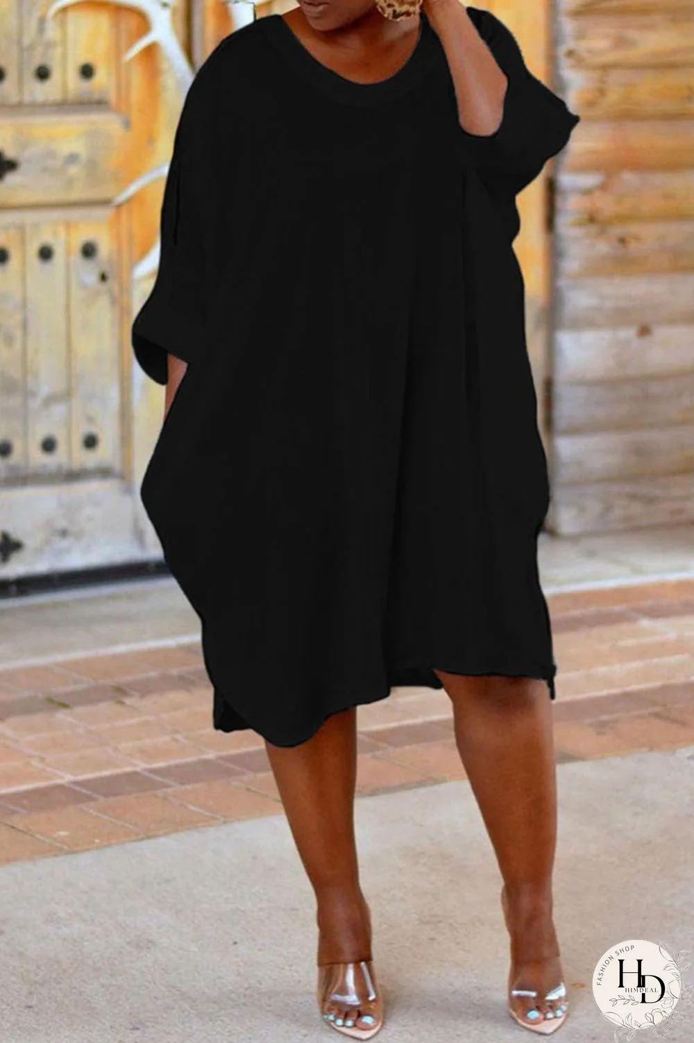 Black Casual Solid Hollowed Out Patchwork O Neck Straight Plus Size Dresses