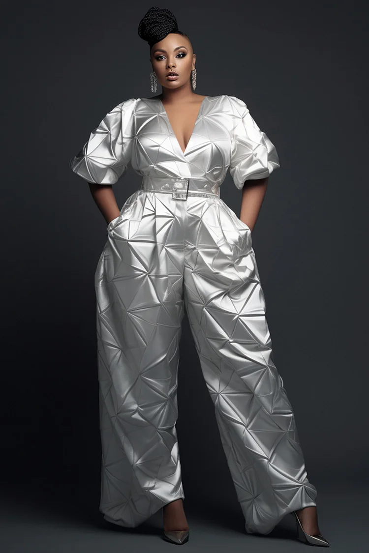 Xpluswear Design Plus Size Formal Silver V Neck Short Sleeve Pocket Elegant Satin Jumpsuits [Pre-Order]