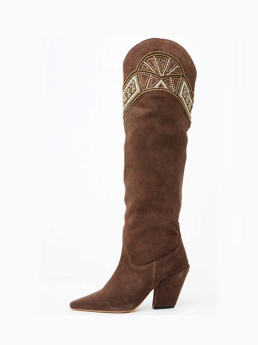 Brown Faux Suede Pointed Toe Embroidered Western Boots for Women