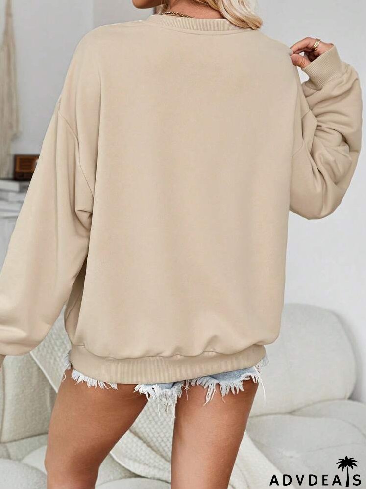 Casual Minimalist Thanksgiving Turkey Graphic Round Neck Loose Thick Sweatshirt, Plus Size