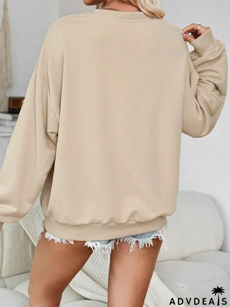 Casual Minimalist Thanksgiving Turkey Graphic Round Neck Loose Thick Sweatshirt, Plus Size