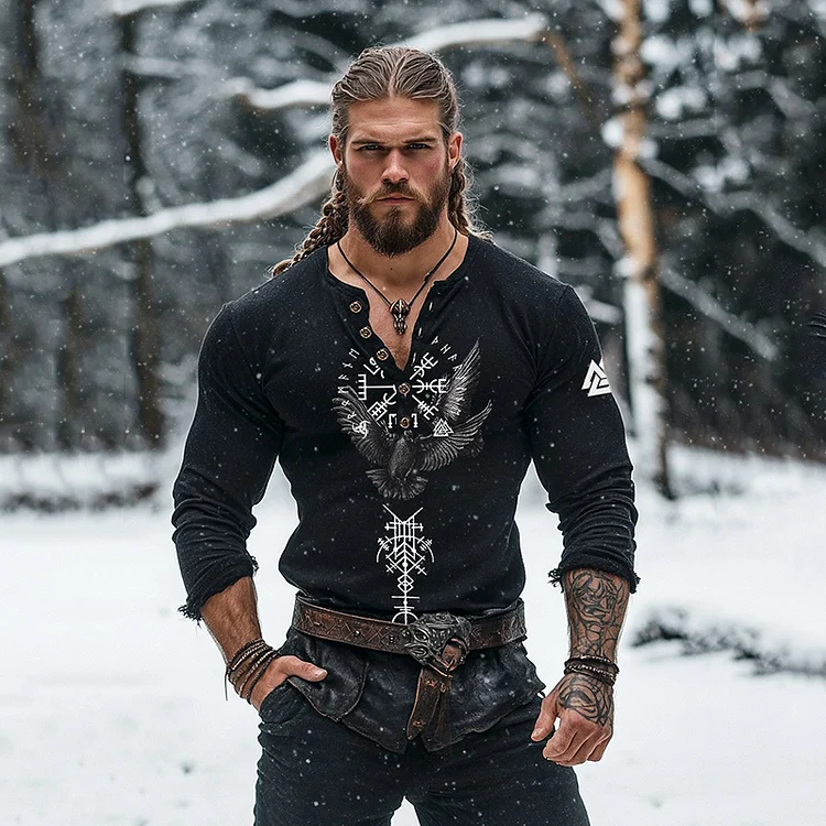 Simpfit Herren-T-Shirt mit Vintage-Tribal- und Wikinger-Vögel-Grafik, Henley-Kragen, langen Ärmeln