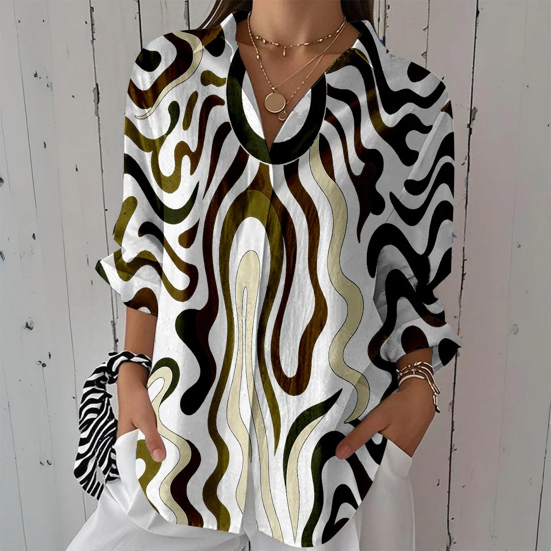 Style & Comfort for Mature Women Women Abstract, Black, Brown DZCL0168 3/4 Sleeve Shirt Collar Printed Button Tops