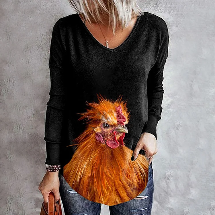 Wearshes Casual Chicken Print Long Sleeve T-Shirt