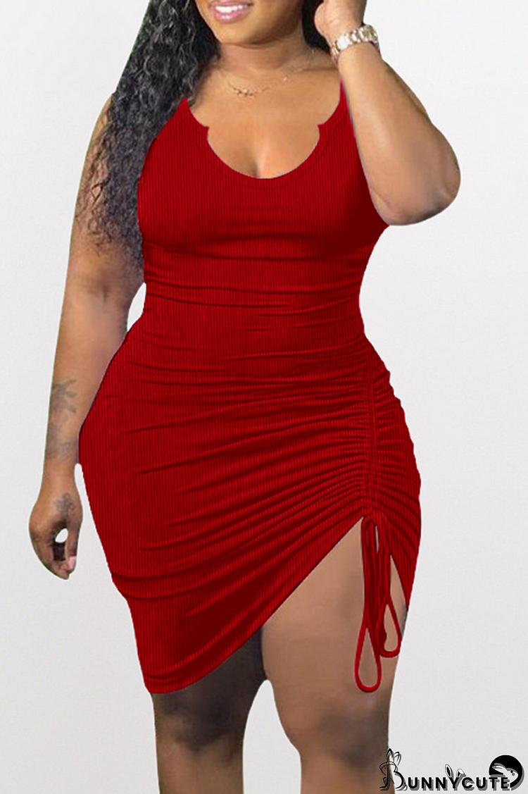 Red Sexy Solid Draw String V Neck Pencil Skirt Dresses