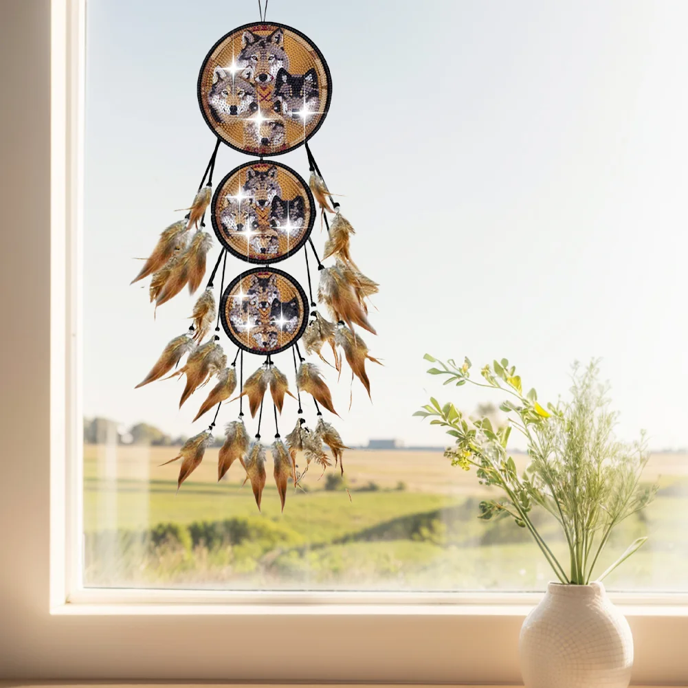 DIY Wolf Feather Wind Chime Diamond Art Hanging Pendant for Home Window Decor