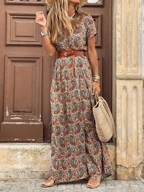 Women Short Sleeve V-neck Floral Printed Dress