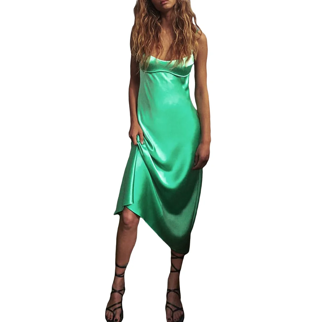 Women's  V Neck Temperament Silky Slip Dress Trendy Casual Sleeveless Backless Summer Night Party Club Bodycon Flowy Dress