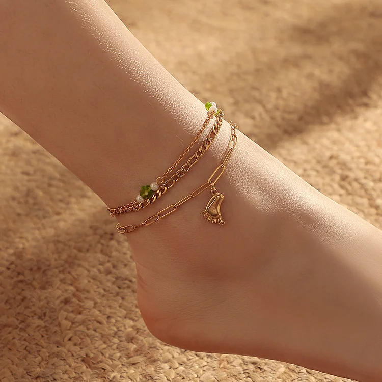 Feet And Green Flower Stacked Anklet