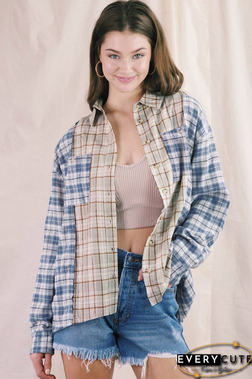 Sky Blue Plaid Color Block Pocket Button-up Long Sleeve Shirt