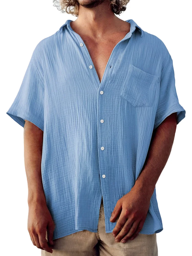 Men's Summer Pleated Solid Color Pocket Casual Comfortable Short Sleeve Shirt
