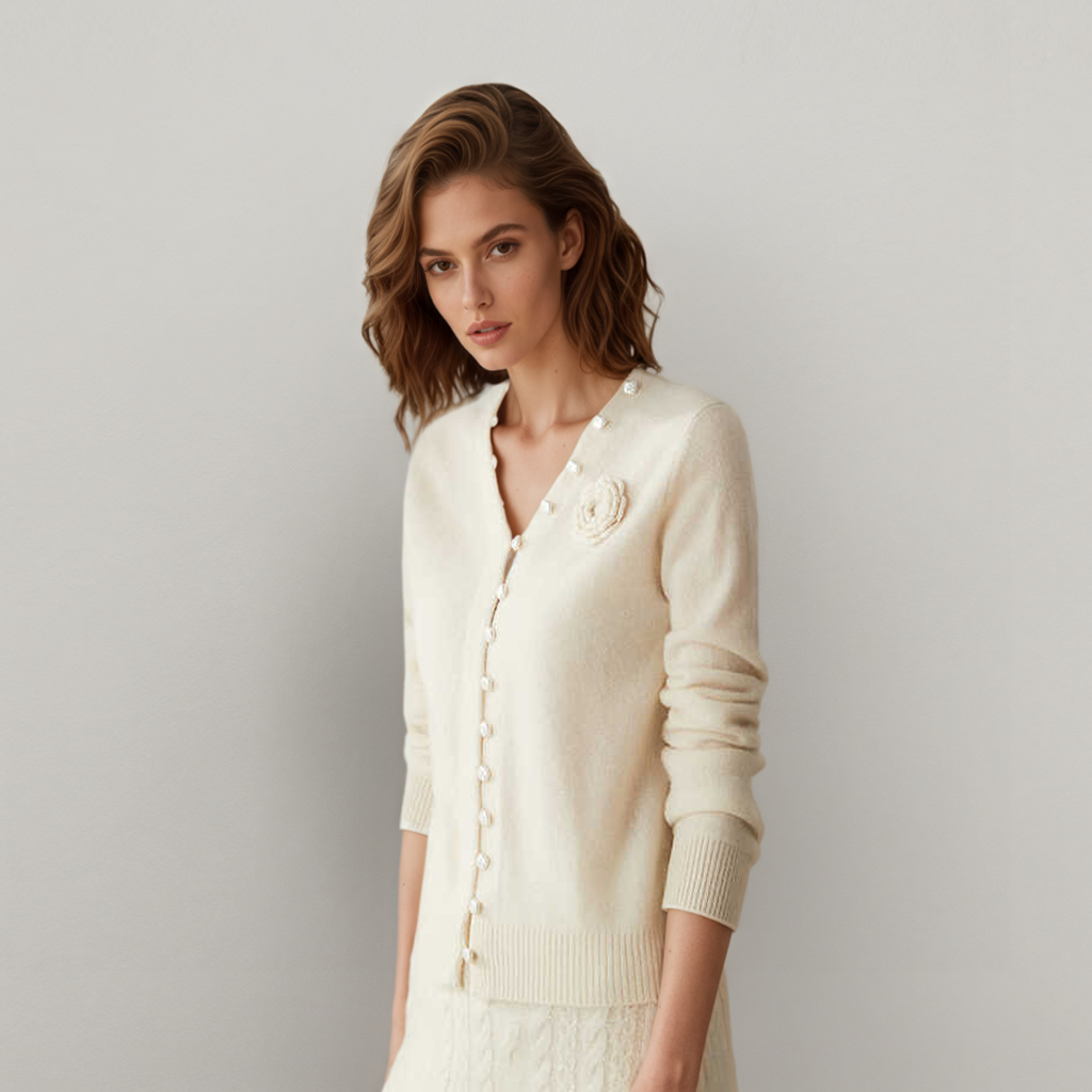 Women's Cashmere V-Neck Cardigan with Pearl Buttons REAL SILK LIFE