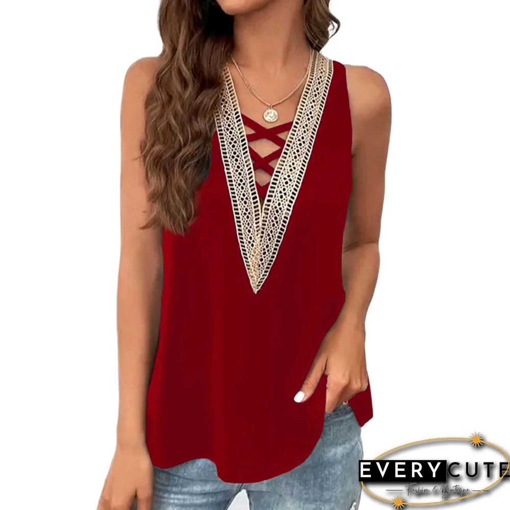 Red Crisscross Lace V Neck Tank Tops